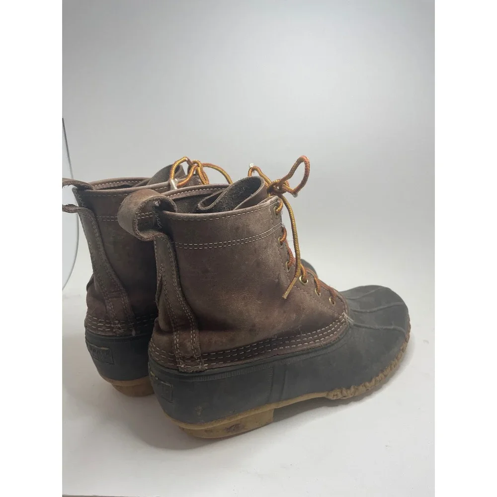 LL Bean Mens Duck Boots 9 Wide Brown Leather Rubber Waterproof USA Code Distress